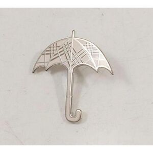 Signed Burberry Umbrella Brooch Pin Silver Tone Brown Beige Blue Vintage